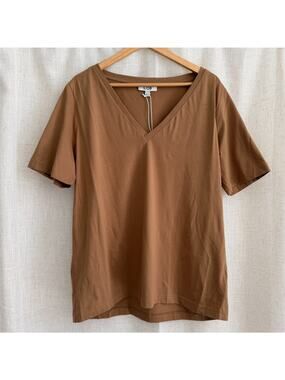 COS Shirt Women Large Camel Brown Oversized Boxy V Neck Short Sleeve Cotton Tee
